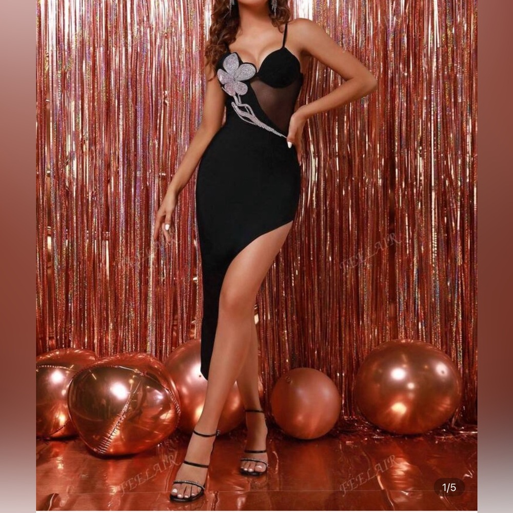 Elegant Black Asymmetrical Dress with Floral Detail